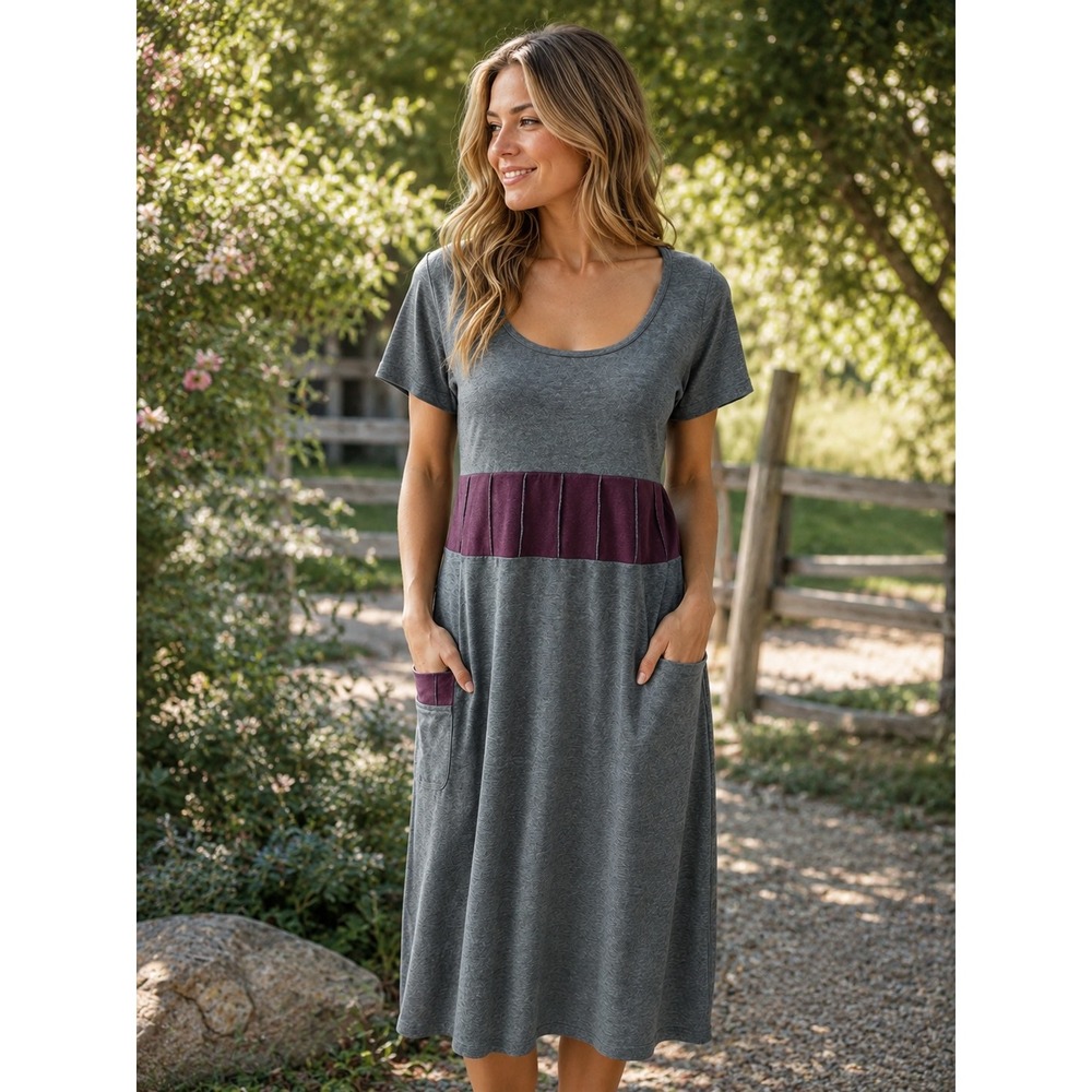 Laura Hlavac Grey Purple Pleated Empire Waist Pocket Knit Dress Short Sleeve